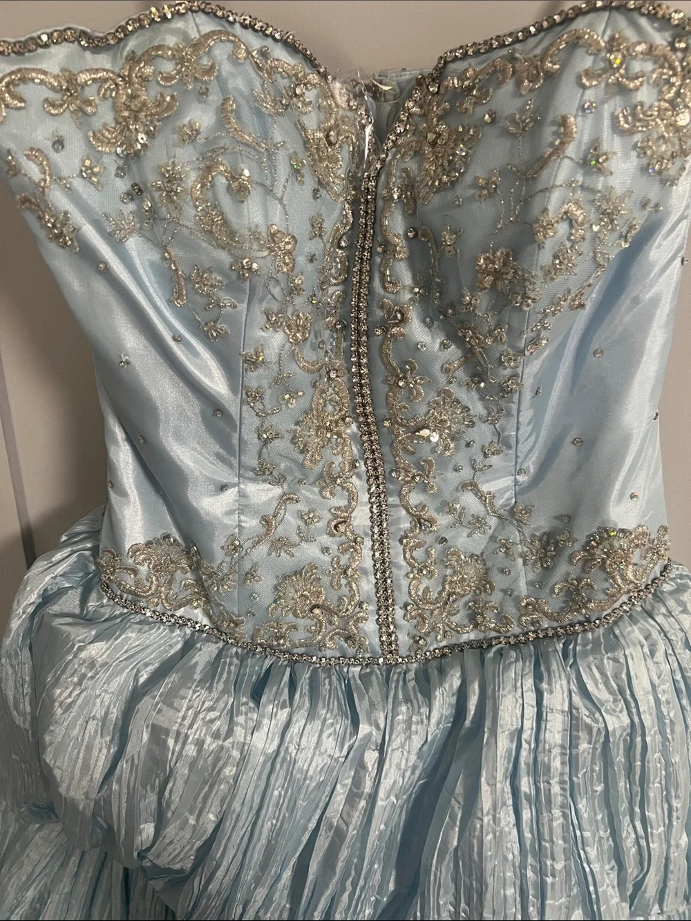 Tony Bowls Light Blue Tiered Ruffle Formal Dress with Gold Embellishment